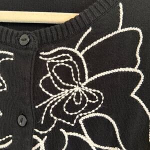 Christopher & Banks Black Embroidered Cardigan Floral Cotton 3/4 Sleeve Size M